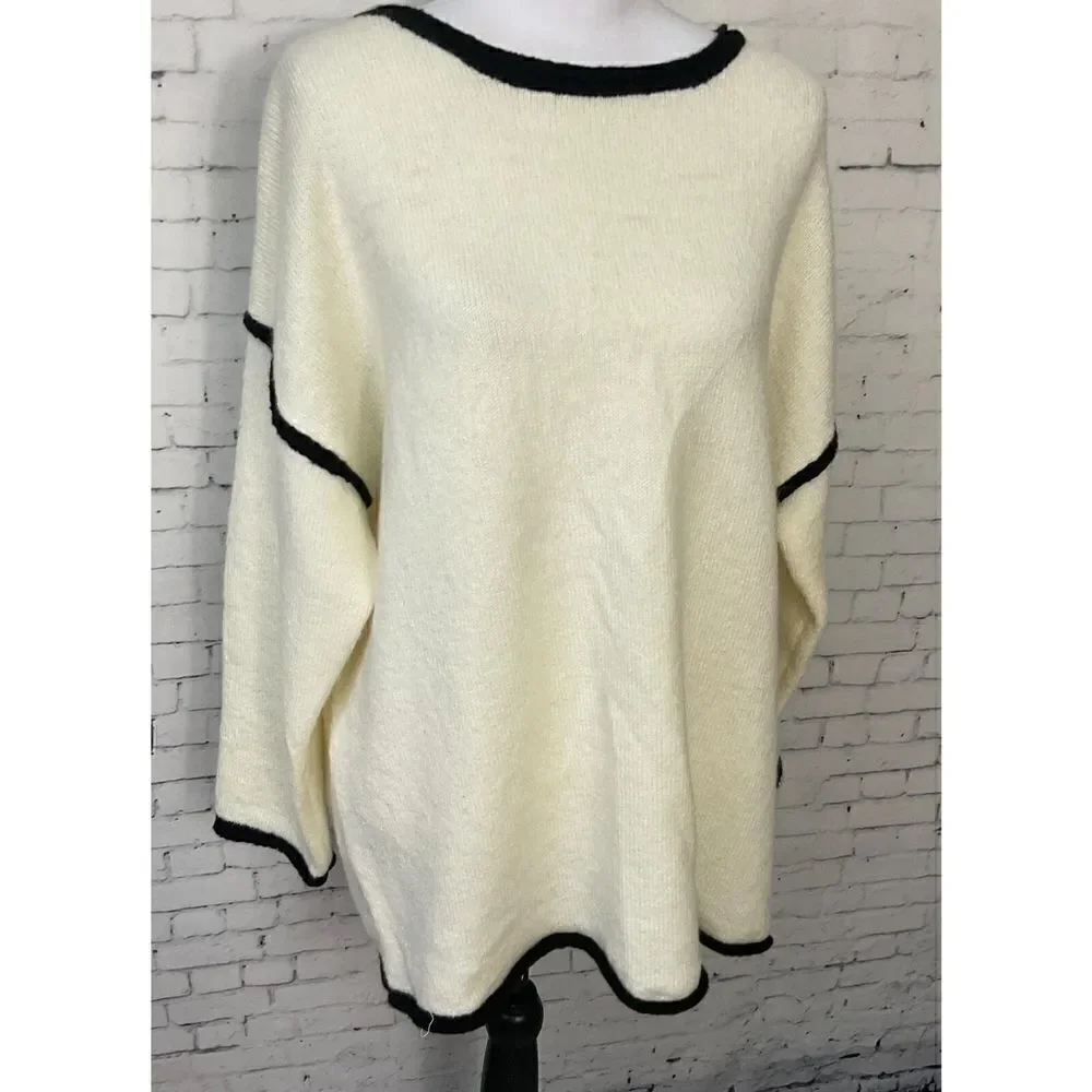 Vine And Love Women L Cream Sweater Black Trim Oversized Comfort Long Sleeve N2 - Picture 10 of 12